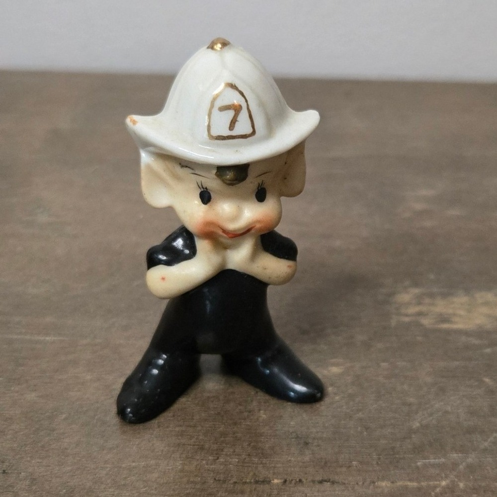 Vintage Japan Firefighter Boy Ceramic Figurine Fireman Helmet #7 Kitsch Decor